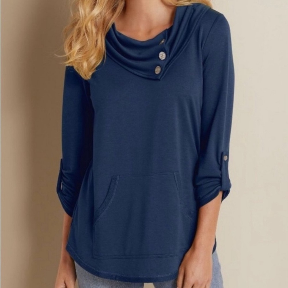 Soft Surroundings Kassidy Cowl Neck Pullover Sweatshirt - Blue